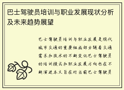 巴士驾驶员培训与职业发展现状分析及未来趋势展望